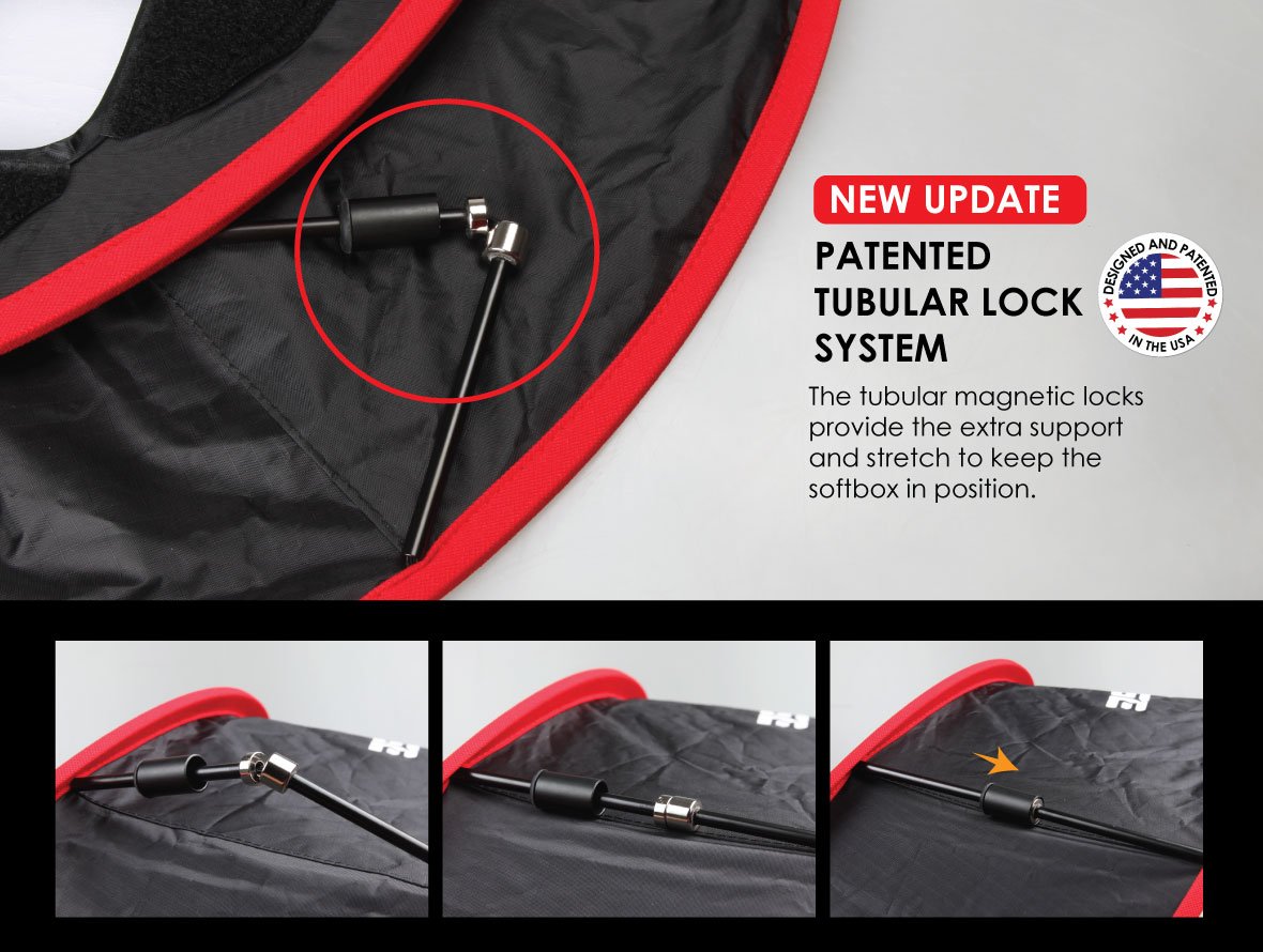 KAMERAR COLLAPSIBLE TRAPEZOID CYLINDER SOFTBOX: The magnetic locks will provide you with the the ability to collapse the D-Fuse softbox down to a very compact size, but it also provides you with the support and stretch to keep the softbox open.