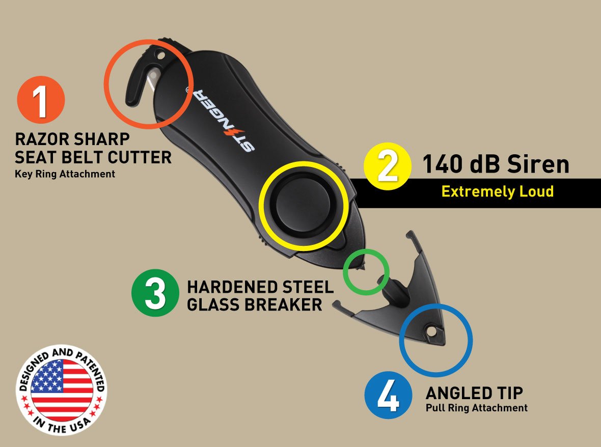 Stinger Personal Alarm Emergency Tool, Safety Alarm, Seat Belt Cutter, Glass Breaker, Original Design in USA