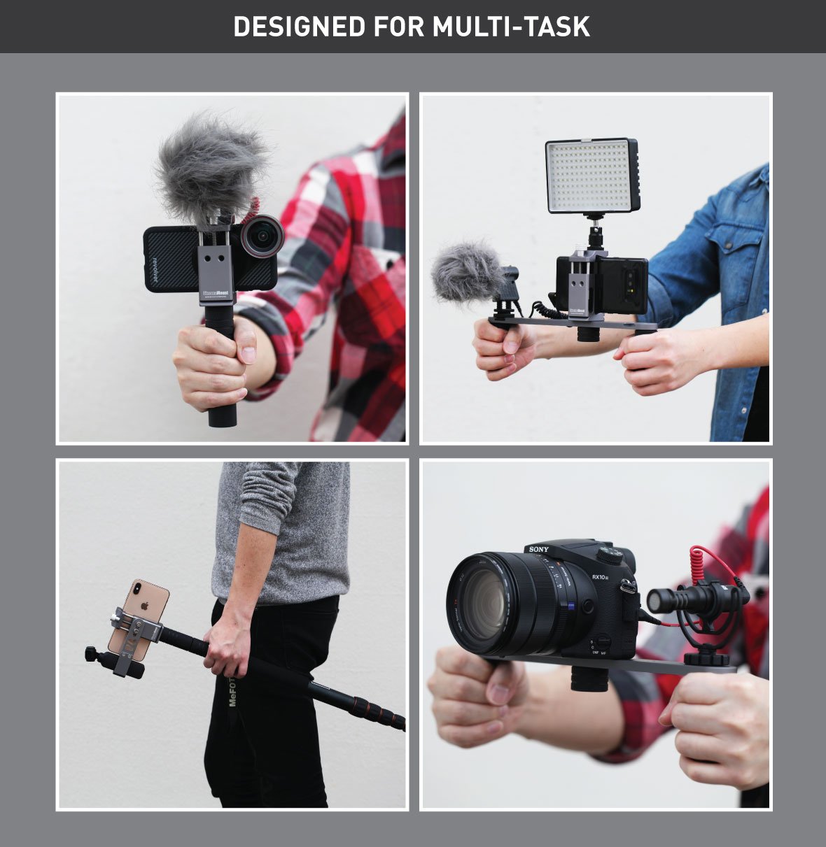 Cinema Mount MK 3, Video Stabilizer System for Smartphone and Camera, 3 Cold Shoe Mounts for Accessories, Standard Tripod Thread Mount, Smartphone Rig, Fit Arca Swiss, Solid Aluminum Alloy Grip